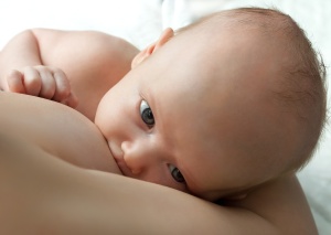 little child baby breastfeeding isolated on white
